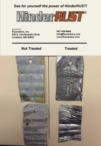 HinderRUST treating aluminum corrosion. Untreated vs treated aluminum pieces.
